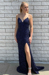 Sexy V-Neck Spaghetti Straps Sequined Long Prom Dress with Slit-27dress